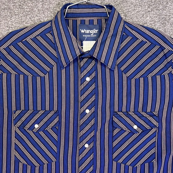 Wrangler Other - Wrangler Western Shirt Mens L Blue Striped Pearl Snap Short Sleeve Cowboy Casual